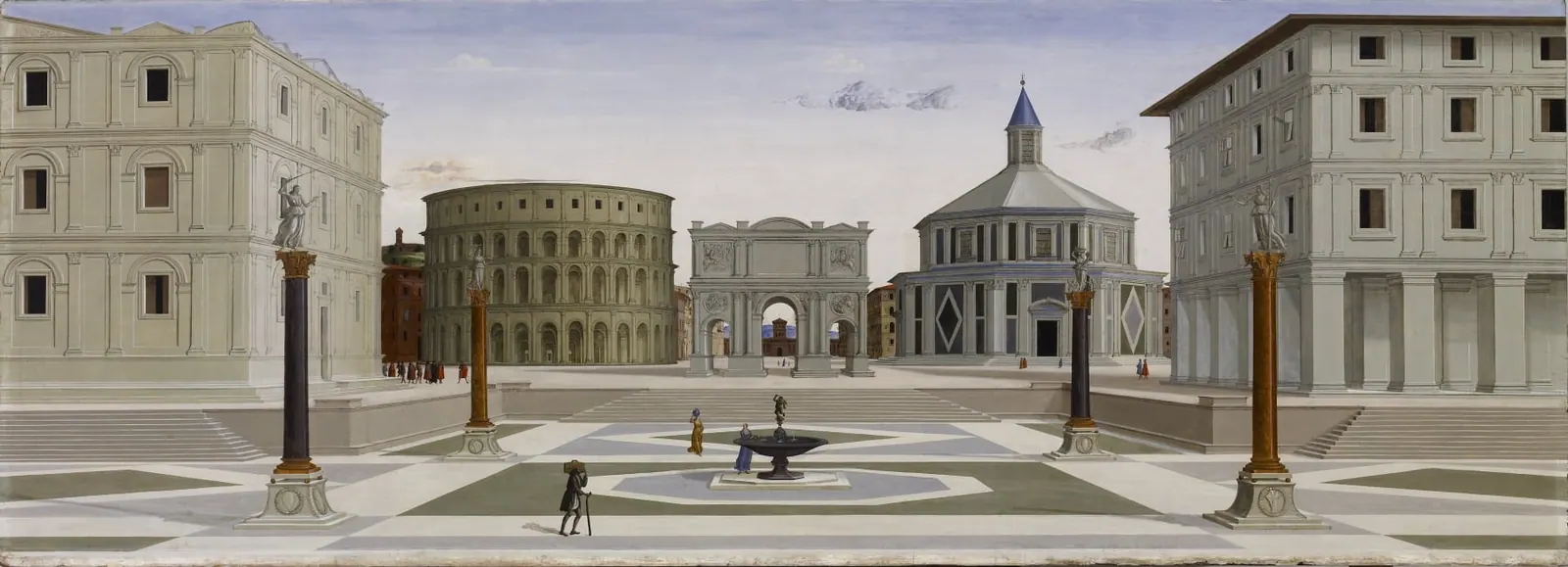 The Ideal City: an empty Renaissance square paved in geometric patterns, with a palace on each side, an amphitheater, an octagonal temple and a triumphal arch in the center, where all the lines of the square meet.