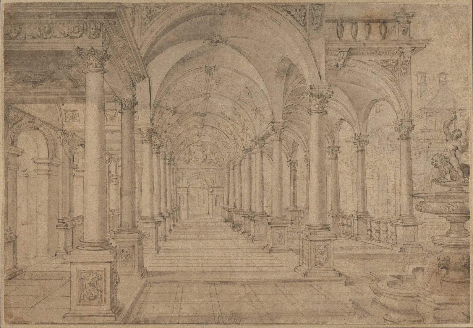 Hans Vredeman de Vries, Architectural Capriccio with an Arcade and Fountain in Point Perspective, ca. 1594–96