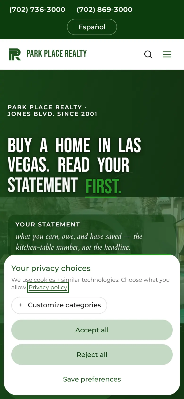Park Place Realty: Privacy consent, before any choice (Phone)