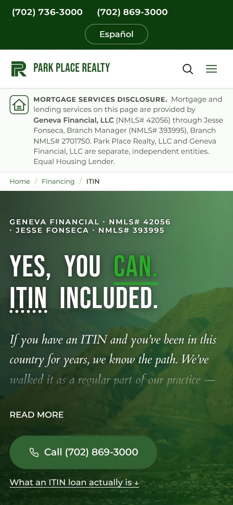 Park Place Realty: ITIN financing (Phone)