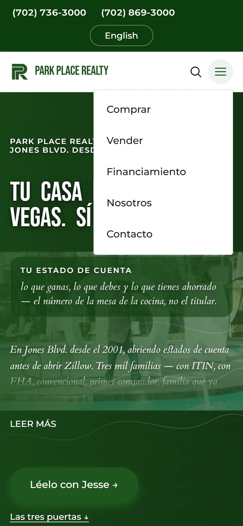 Park Place Realty: Menu on the phone (Spanish site) (Phone)