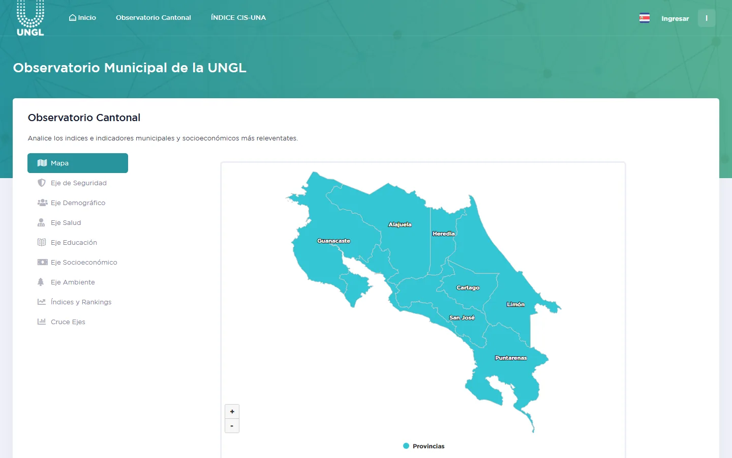 UNGL Municipal Observatory: Home: the map of Costa Rica and the observatory axes